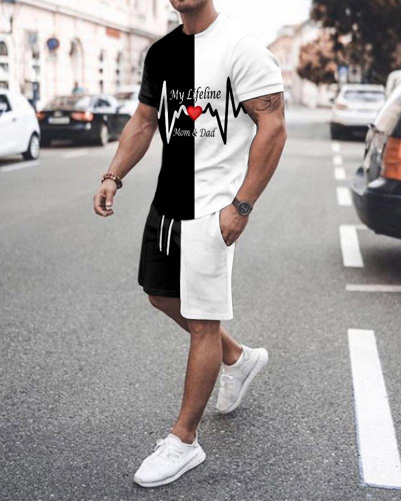 men's black and white stitching printing casual sports suit