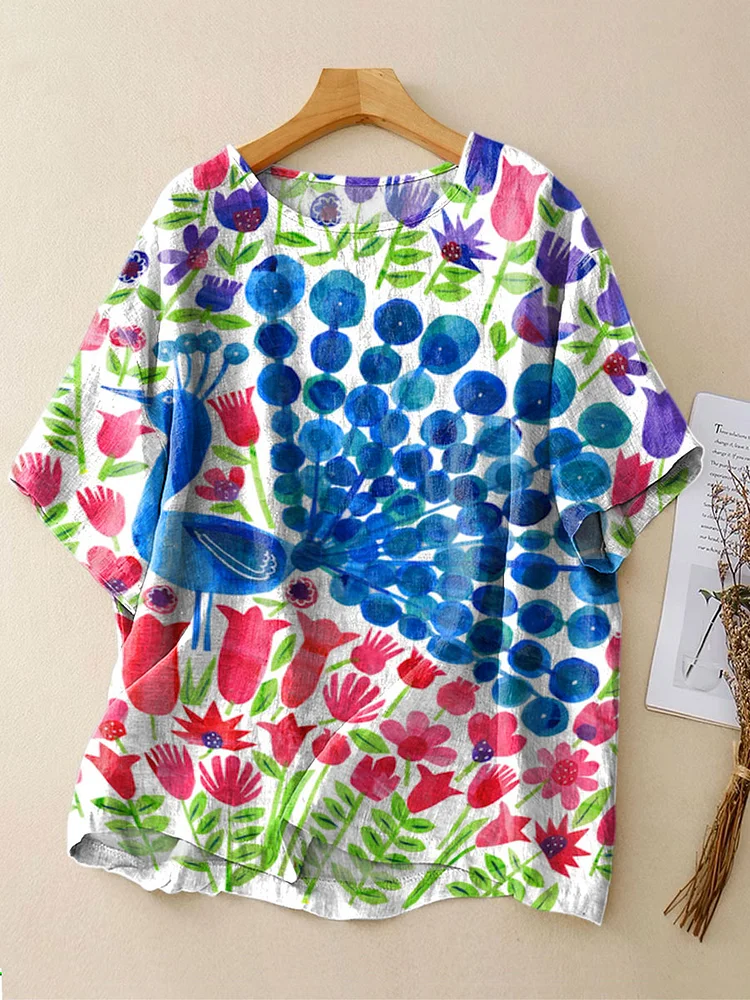 Women's Colorful Abstract Peacock Art Print Casual Linen Crew Neck Shirt