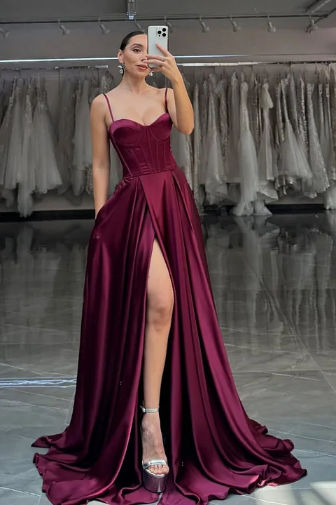 Daisda Red Spaghetti Straps A-Line Long Prom Dress With Pleated