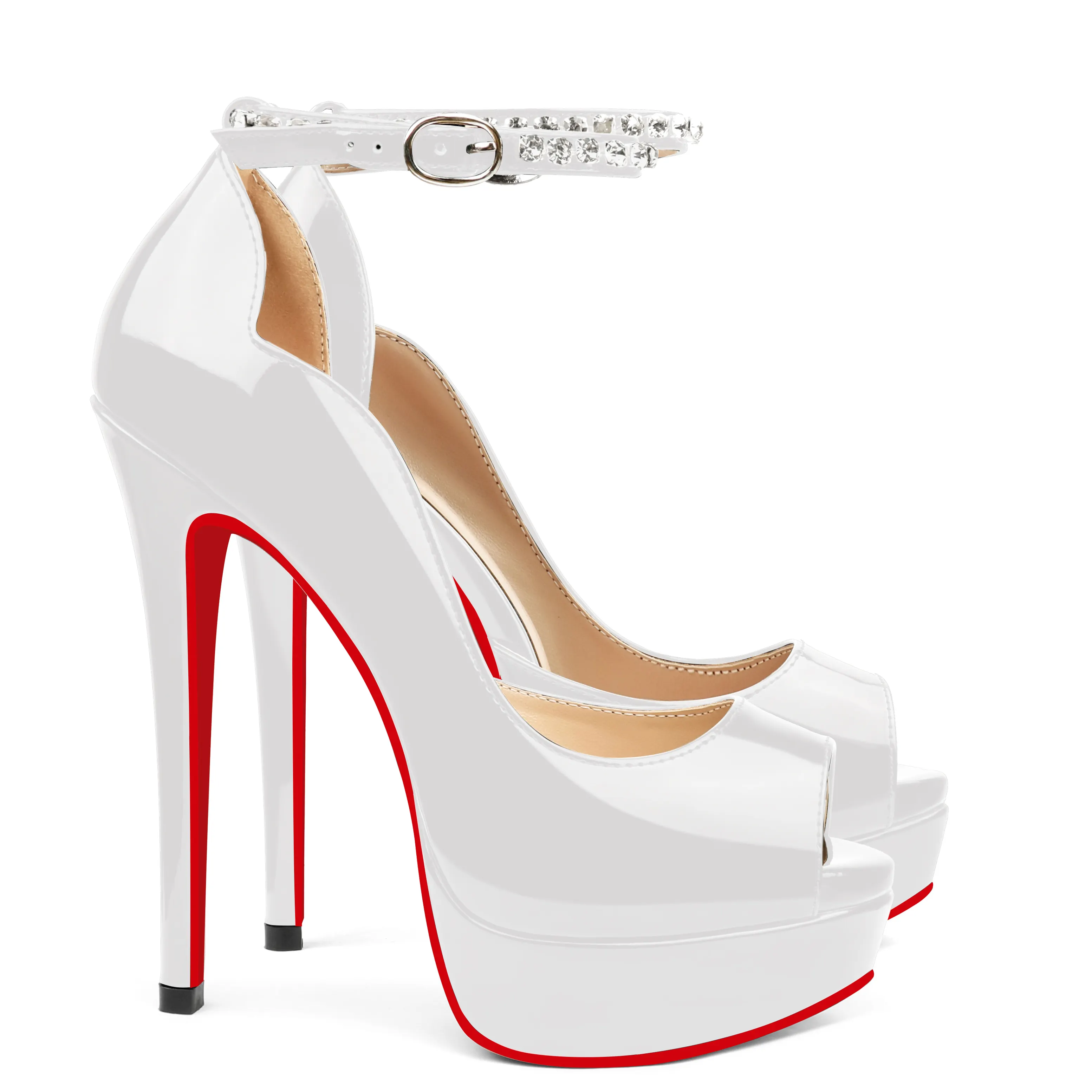 150mm Red Bottom Stiletto Party High Heel Open Toe Platform Diamond Strap Pumps-vocosishoes