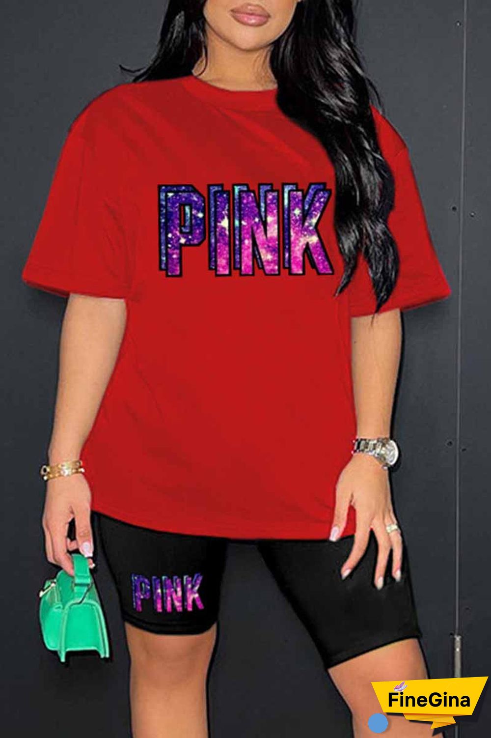 Blue Casual Print Letter O Neck Short Sleeve Two Pieces