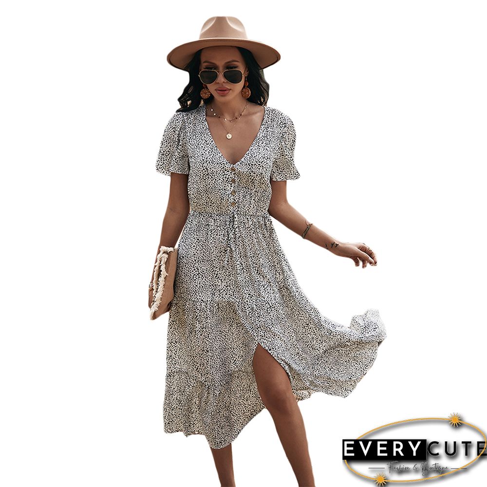 White Leopard Print Button Detail Maxi Dress