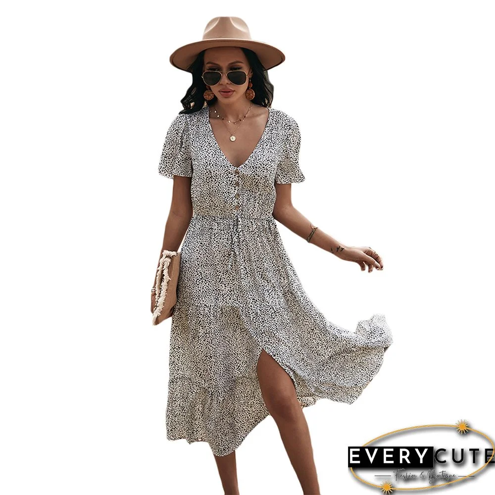 White Leopard Print Button Detail Maxi Dress