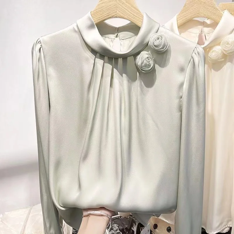 Mongw Mongw Temperament Shows Thin Three-Dimensional Flower Pure Color Set Jacket Female Spring New Long Sleeve Satin Simulation Silk Shirt