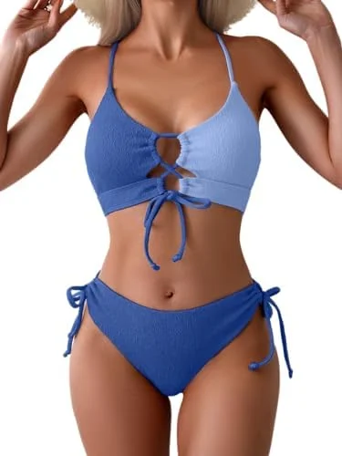 Women's Sexy Bikini Set Color Block Lace Up 2 Piece Bathing Suit Tie Side Swimsuit