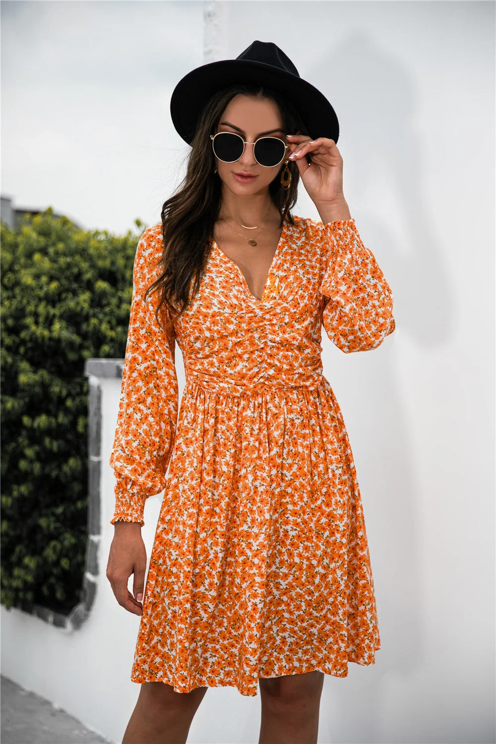 V-Neck Floral Long Sleeve Dress