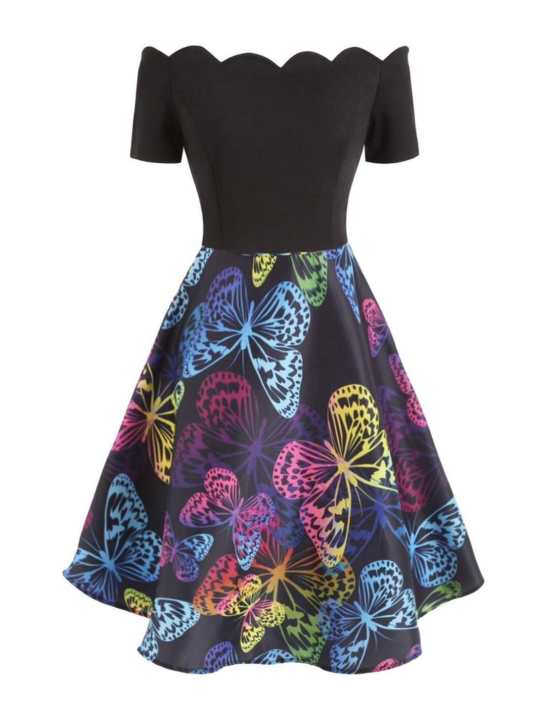 1950s Colorful Off Shoulder Butterfly Pattern Dress