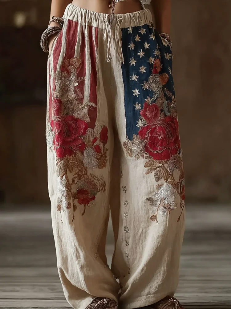 Women's American Flag Elements And Flower Embroidery Pattern Design Retro Leisure Linen Long Pants