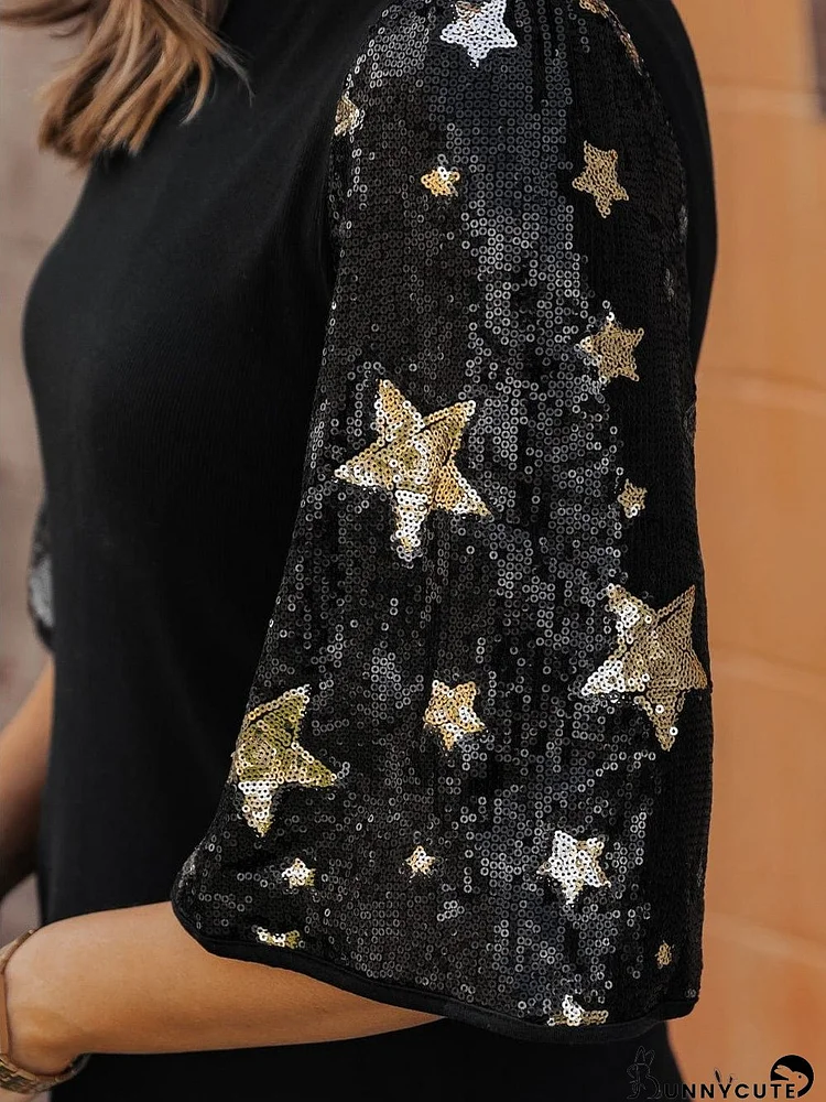 Sequin Star Sleeve Knit Top