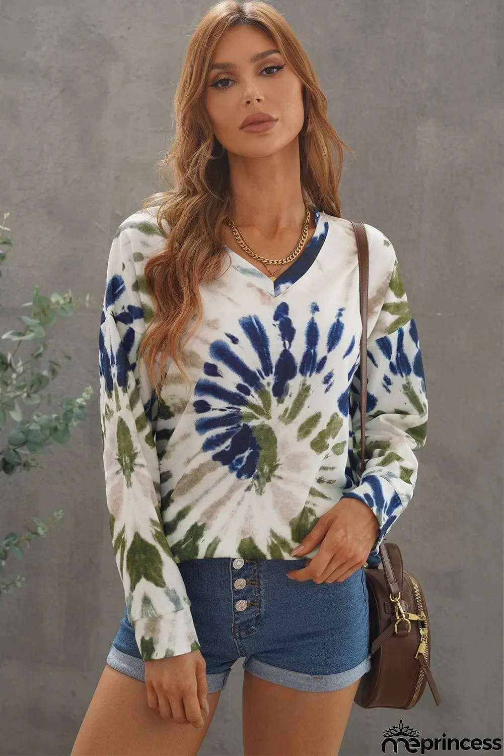 Casual Tie-dye V Neck Pullover Sweatshirt