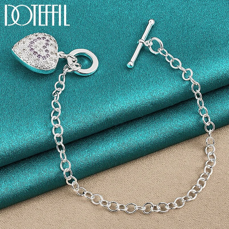 925 Sterling Silver Purple AAA Zircon Heart Bracelet Chain For Women Jewelry