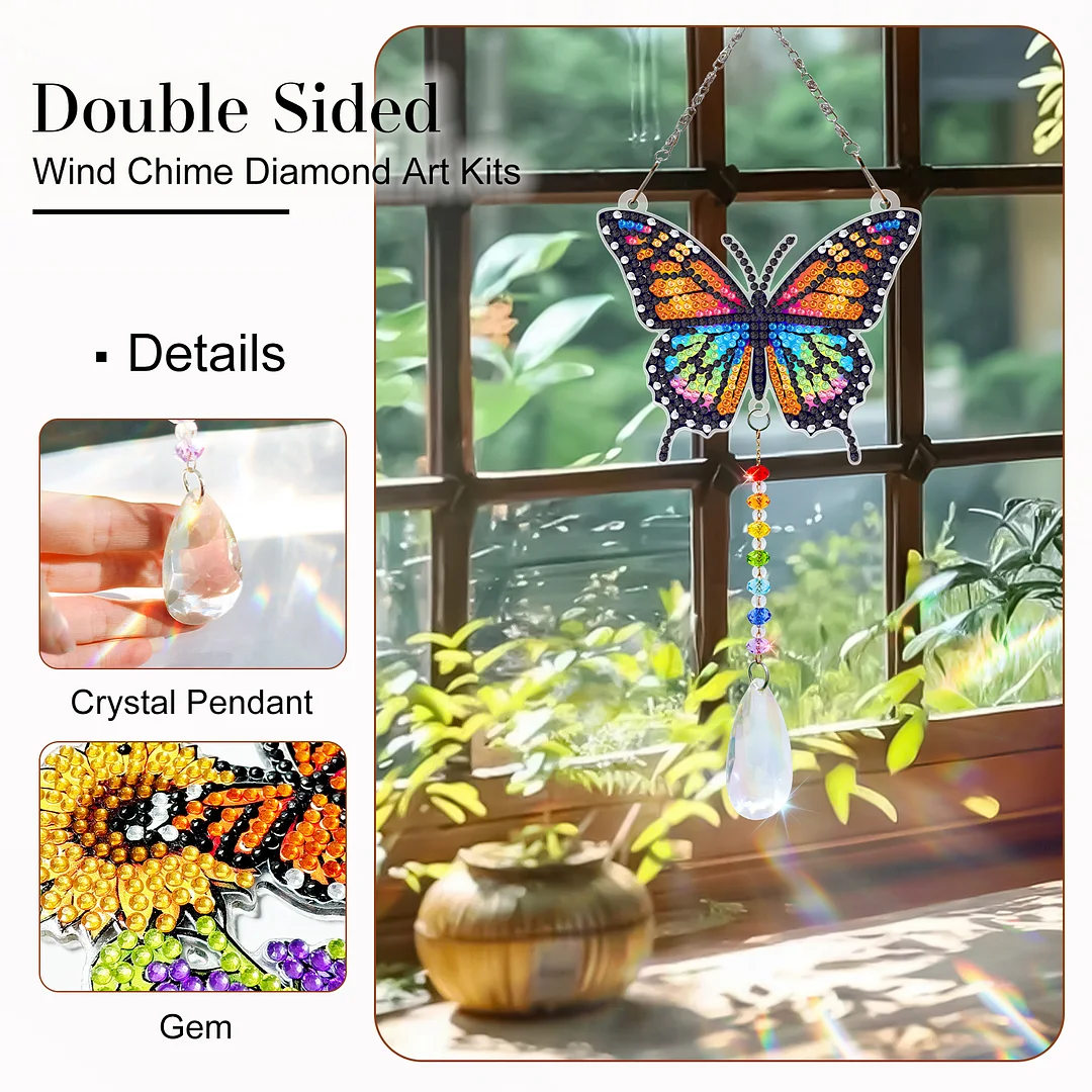 2Pcs Beautiful Butterflies and Hummingbirds DIY Double-Sided Diamond Painting Hanging Kits Diamond Painting Suncatcher Craft Kit for Home Garden Wall Decor Gift