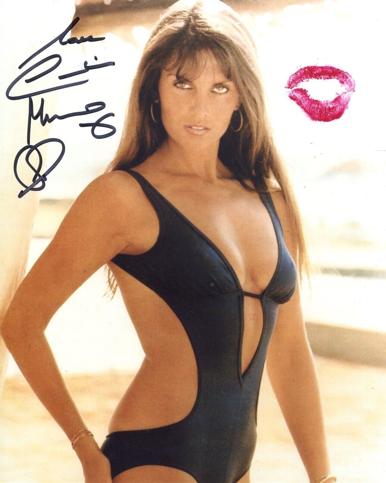 Caroline Munro signed & lipstick kissed sexy swimsuit Photo Poster painting UACC DEALER