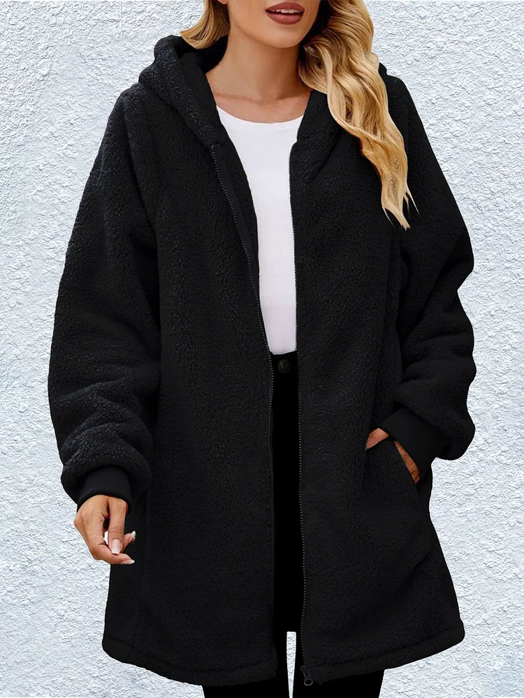 Women's Loose Polar Fleece Long Sleeve Hooded Zipper Sweatshirt Jacket