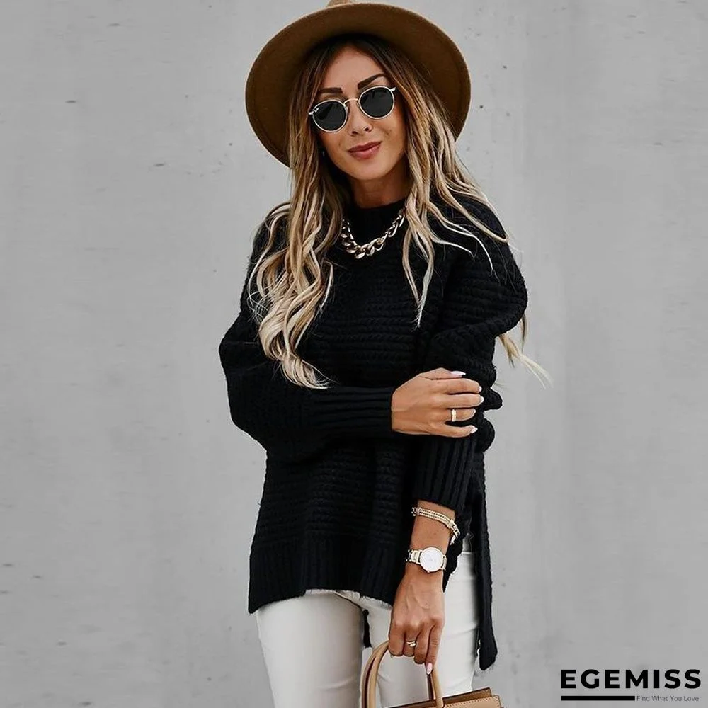 Half High Neck Loose Solid Color Long Sleeve Side Split Knitted Sweater | EGEMISS