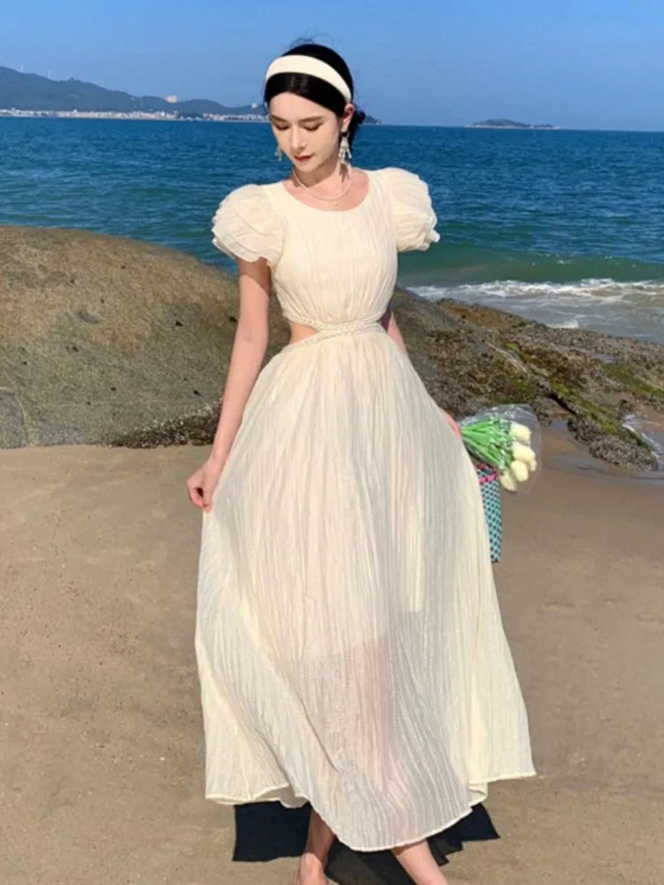 Llyge France Elegant Backless Midi Dresses Summer Fashion Short Sleeve Holiday Clothes Women Casual Solid Vestidos Mujers Outfits llyge