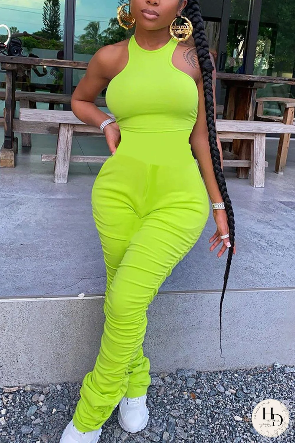 Fluorescent green Fashion street Patchwork Solid Draped Polyester Sleeveless O Neck Jumpsuits