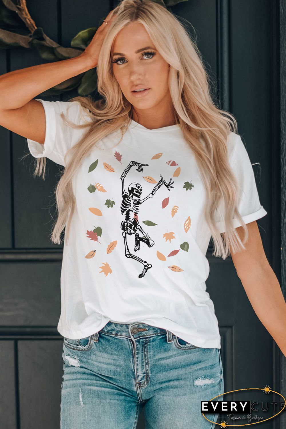 White Skeleton Leaves Graphic Print Short Sleeve T Shirt