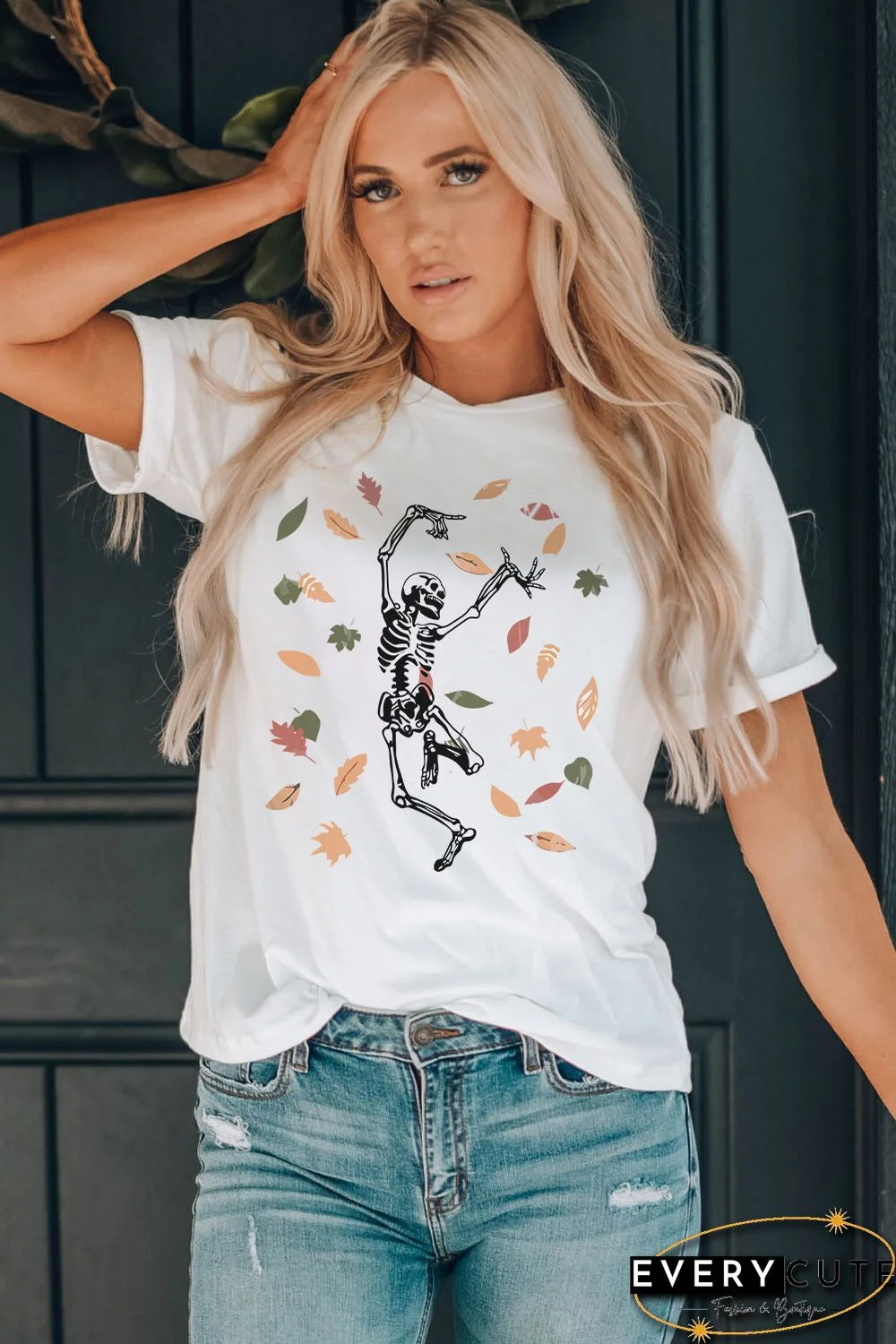 White Skeleton Leaves Graphic Print Short Sleeve T Shirt