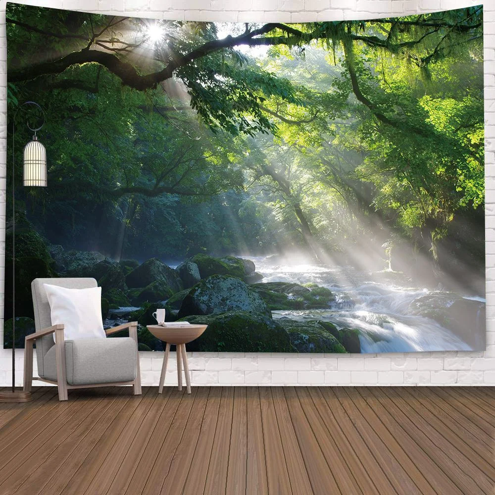 Natural 3D Waterfall Tapestry Beach Towel Landscape Primeval Forest Stream Printing Wall Carpet Yoga Mat Home Art Tapestry Decor