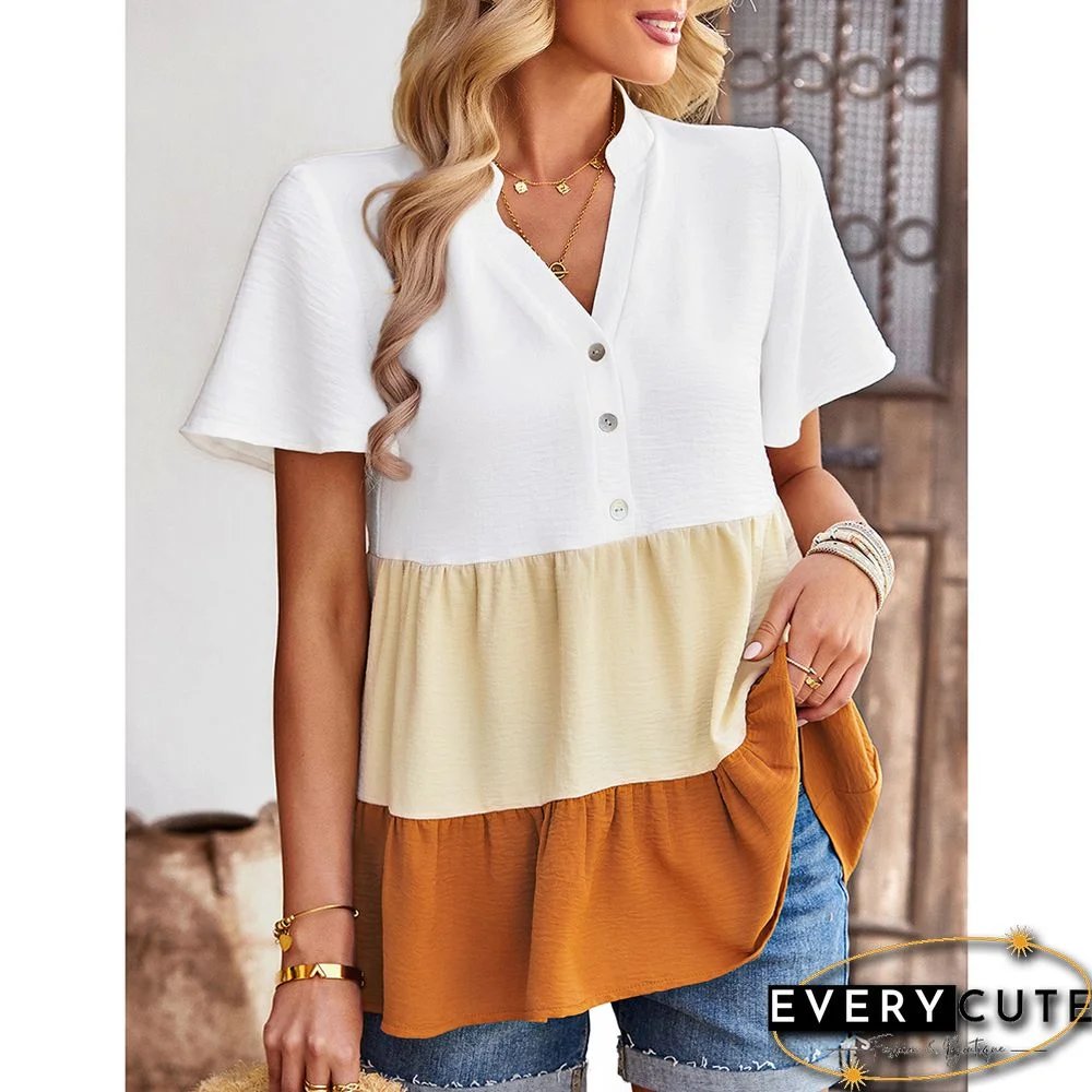 Orange Color Block Button V Neck Tops