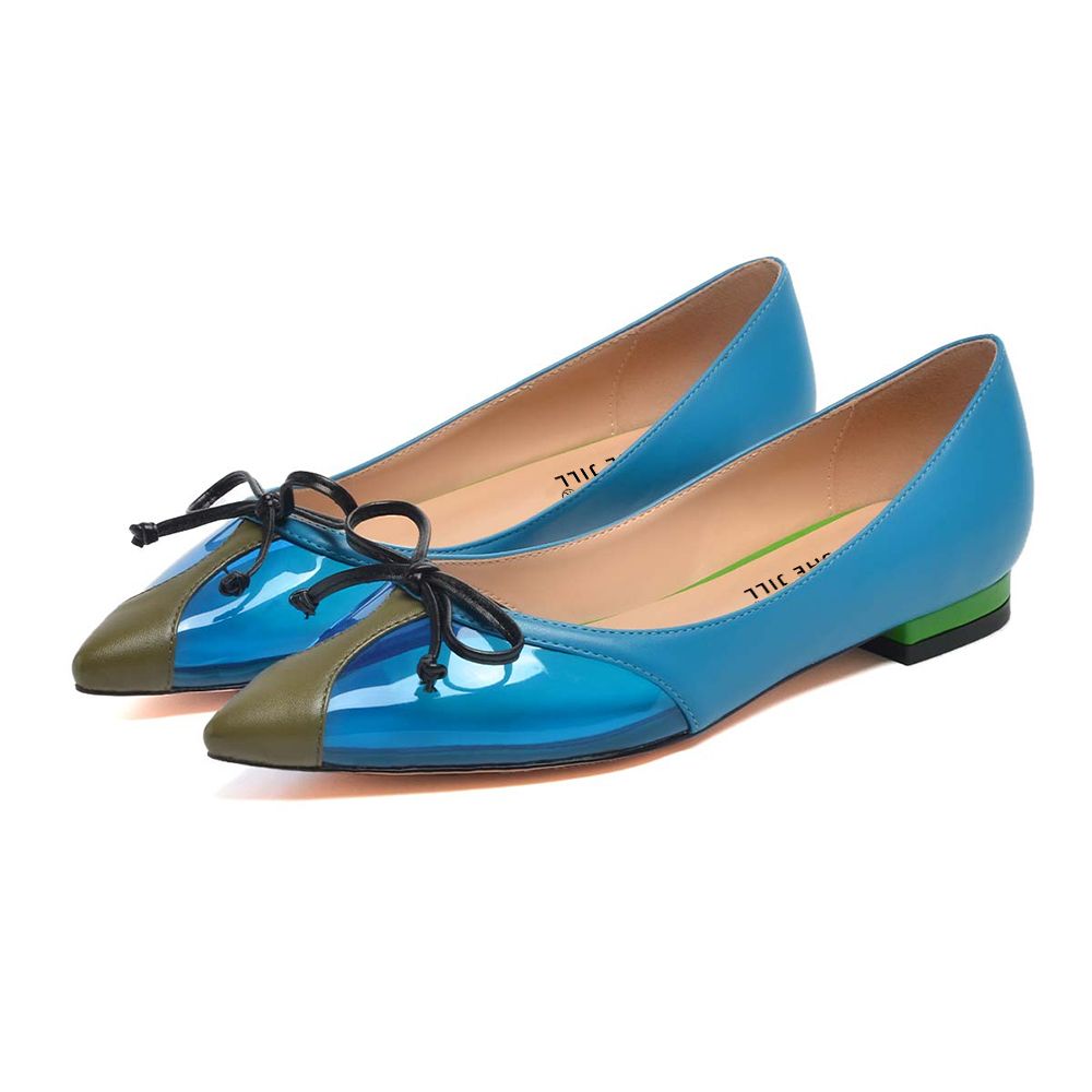 Blue Pointed Toe PVC Splicing Design Fashion Flats with Bow Knot Nicepairs