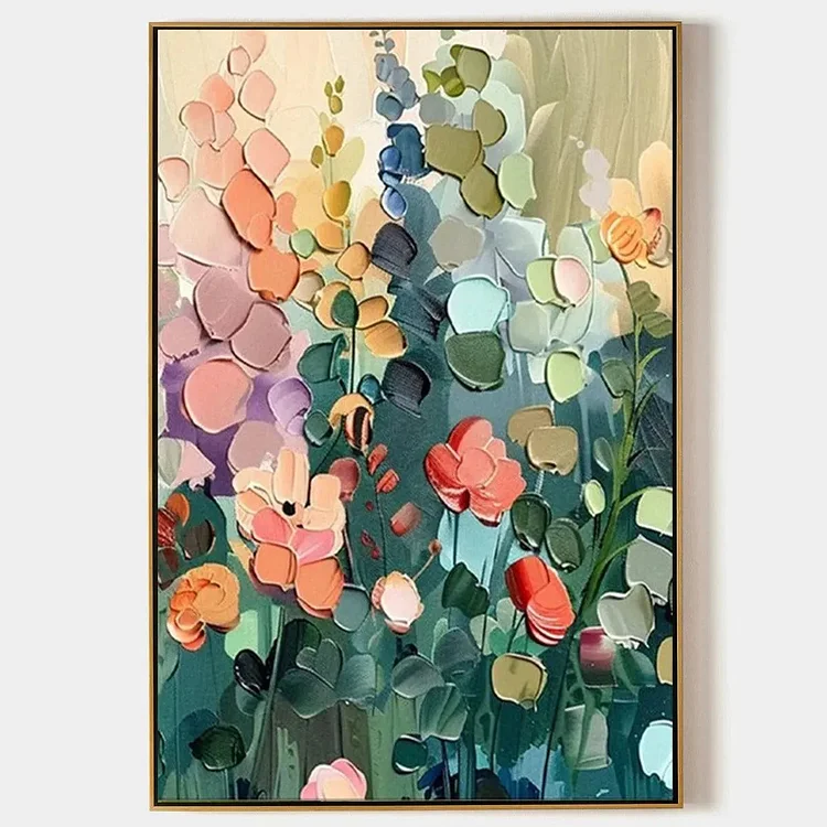BLOOMING MEADOW: Textured Floral Painting, Colorful Wildflower Wall Art, Vertical Canvas, Impasto Decor（Canvas painting）