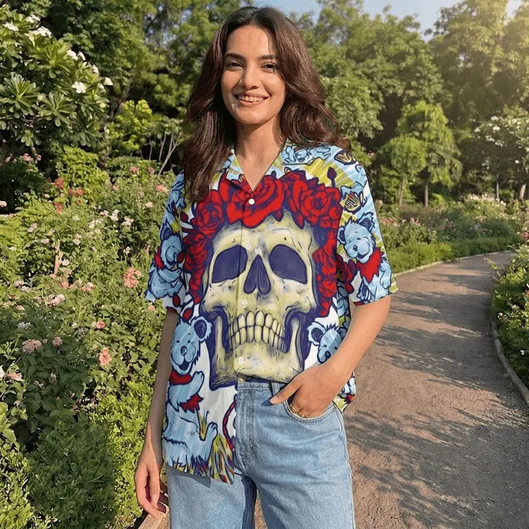 Vintage Grateful Dead Skull & Bear &Terrapin Graphic Cuban Collar Short Sleeve Shirt &ndash; Unisex Retro Cotton Top