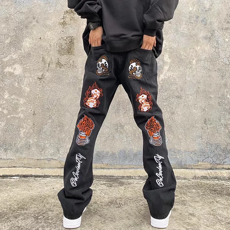 Hip-hop Back Skull Flared Embroidered Streetwear Jeans Elastic Slim Y2k Men's Jeans at Hiphopee