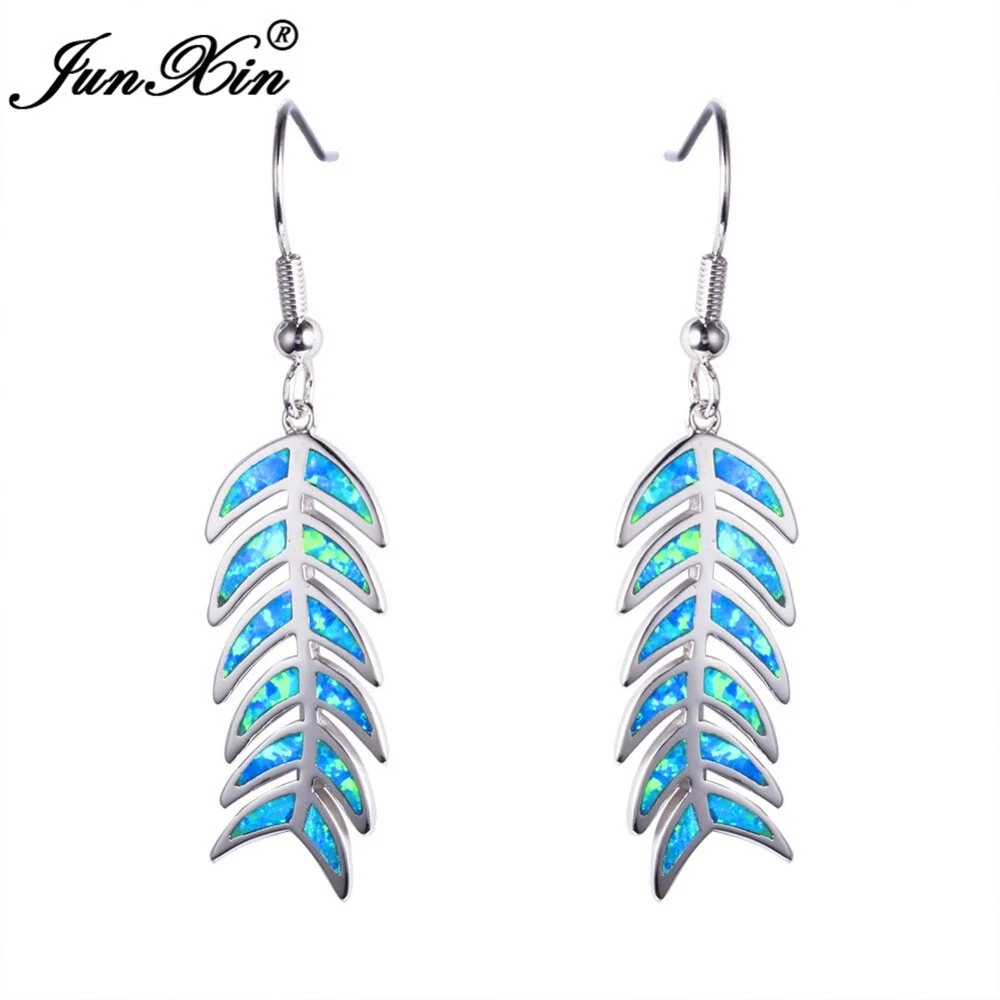 JUNXIN Unique Fish Bone Design Blue Fire Opal Dangle Earring Double Earrings Silver Color Earrings For Women