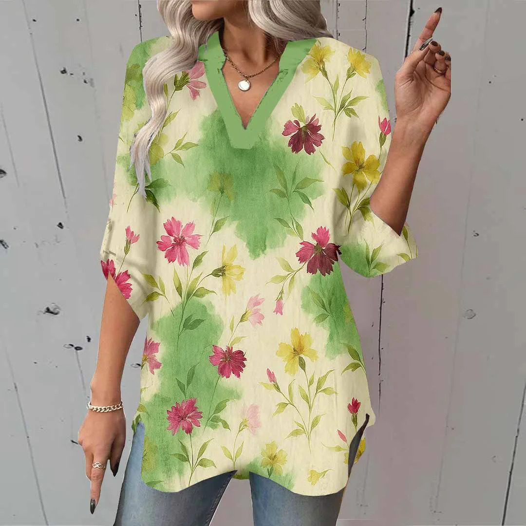 Women Floral, Tie-dyed DZGA0147 3/4 Sleeve V-neck Printed Graphic Button Tops