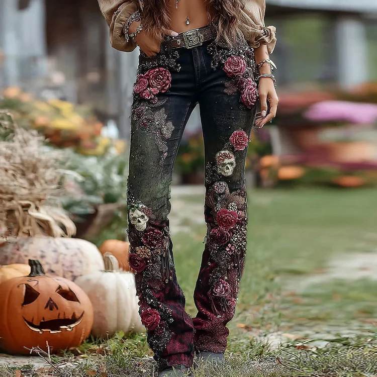 Rose Skull Embroidered Halloween Gothic Rock Jeans