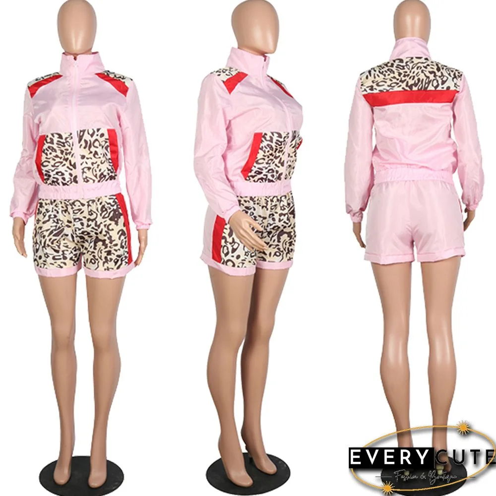 Pink Contrast Leopard Print Sportswear with Pant Set