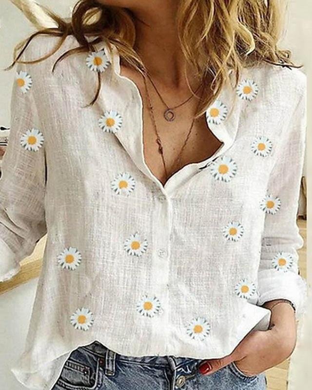 Women's Holiday Blouse Shirt Floral Flower Long Sleeve Print Shirt Collar Tops Basic Top White - VSMEE