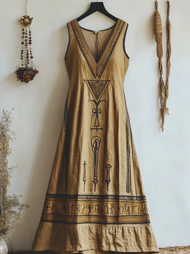 Vintage Egyptian Elements Printed Women's Linen V-neck Maxi Dress