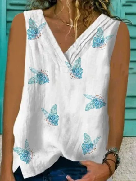 Sleeveless V Neck Cotton-Blend Tank Tops