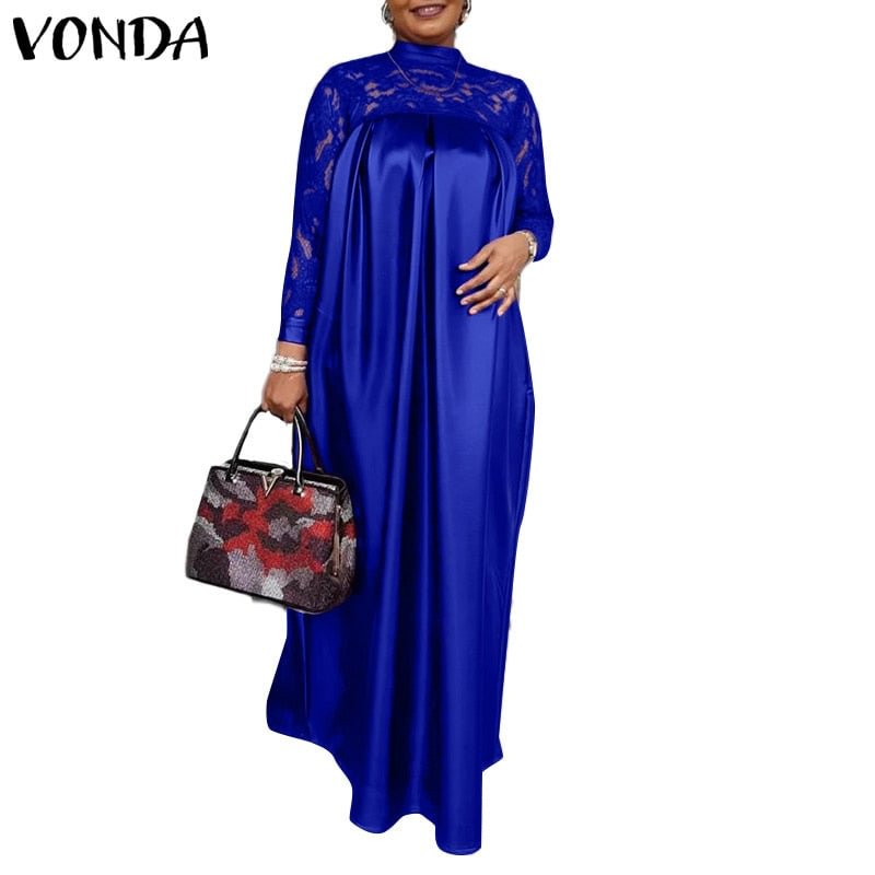 Summer Kaftan Dress 2022 VONDA Bohemian Women Long Sleeve Mock Neck Lace Patchwork Maxi Long Dress Robes Longues Oversized