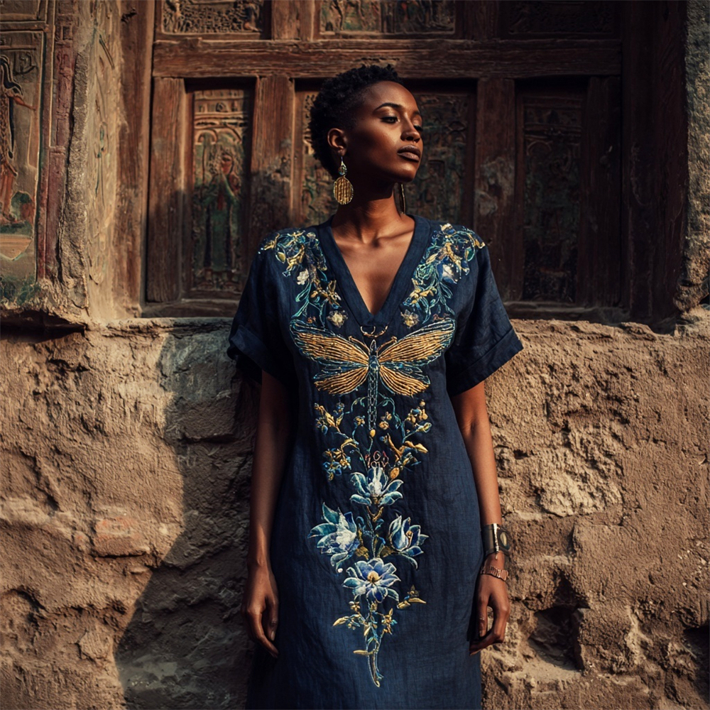 Comstylish Egyptian Dragonfly Floral Pattern Women's Linen V-neck Maxi Dress