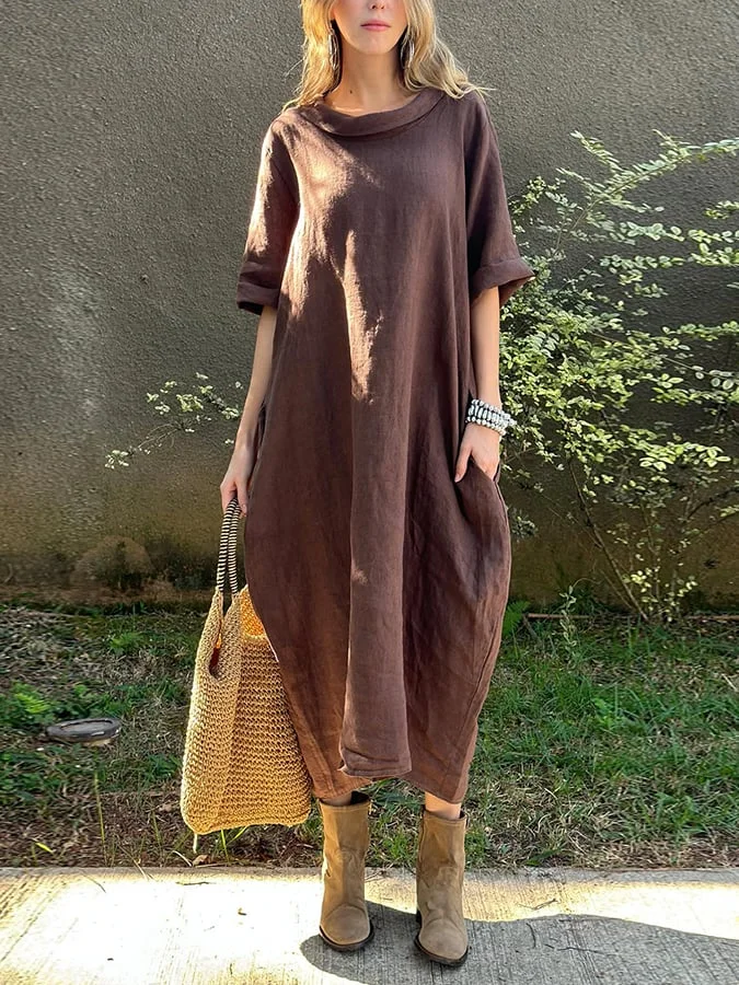 Women'S Casual Solid Color Round Neck Cotton And Linen Dress