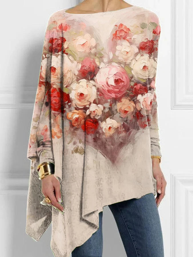 Retro Floral Heart Art Irregular Top