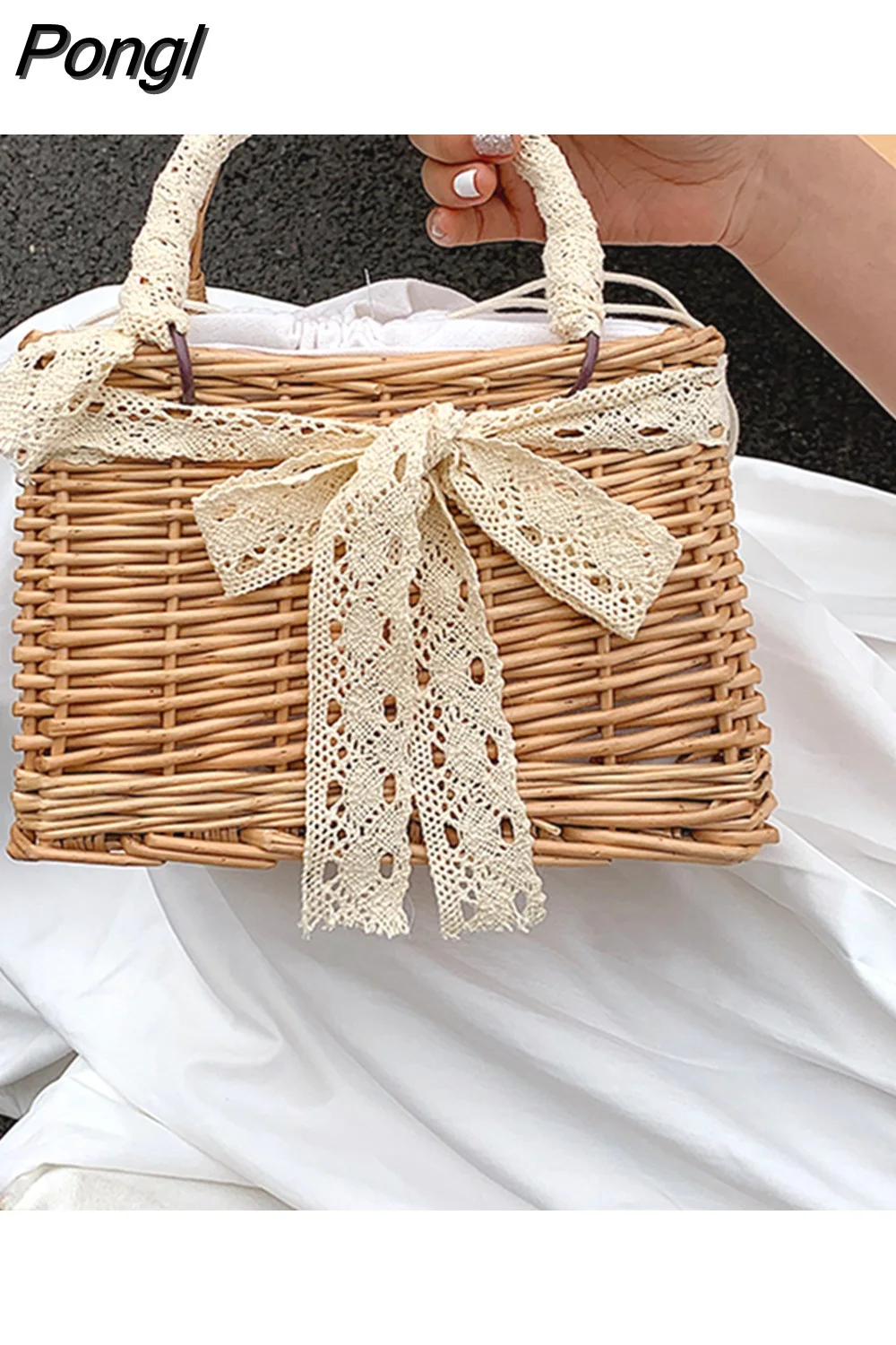 Pongl Beach Straw Bag Hand-woven Women Handbag Fashion Straw Square Basket Bag Casual Elegant Large Capacity Rattan Totes Bags