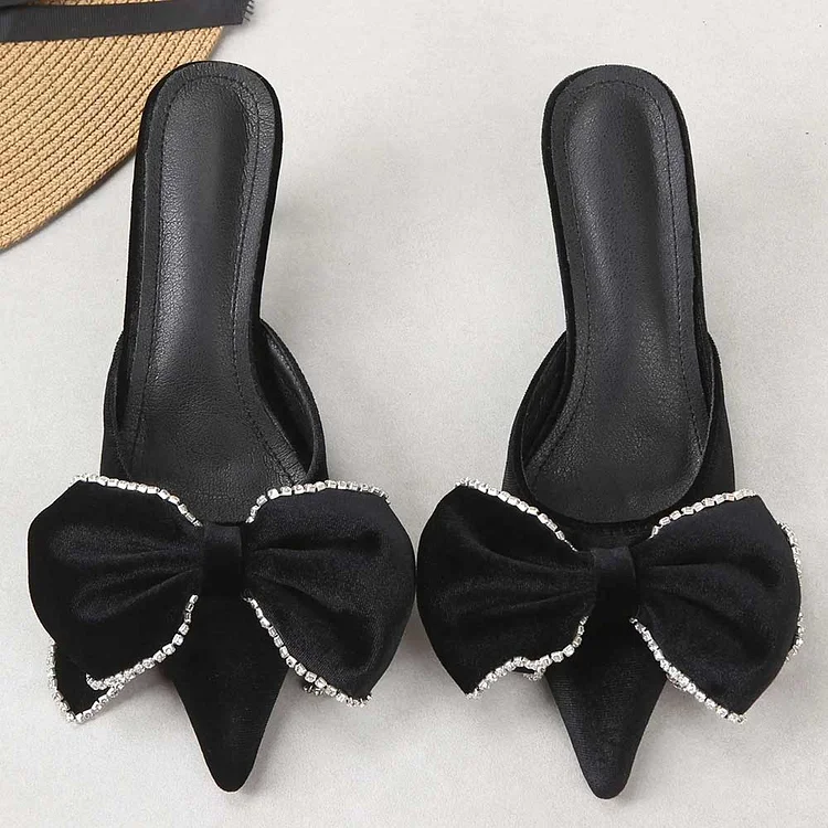 Black Kitten Heels Rhinestone Trim Bow Pointed Toe Mules Shoes |FSJ Shoes