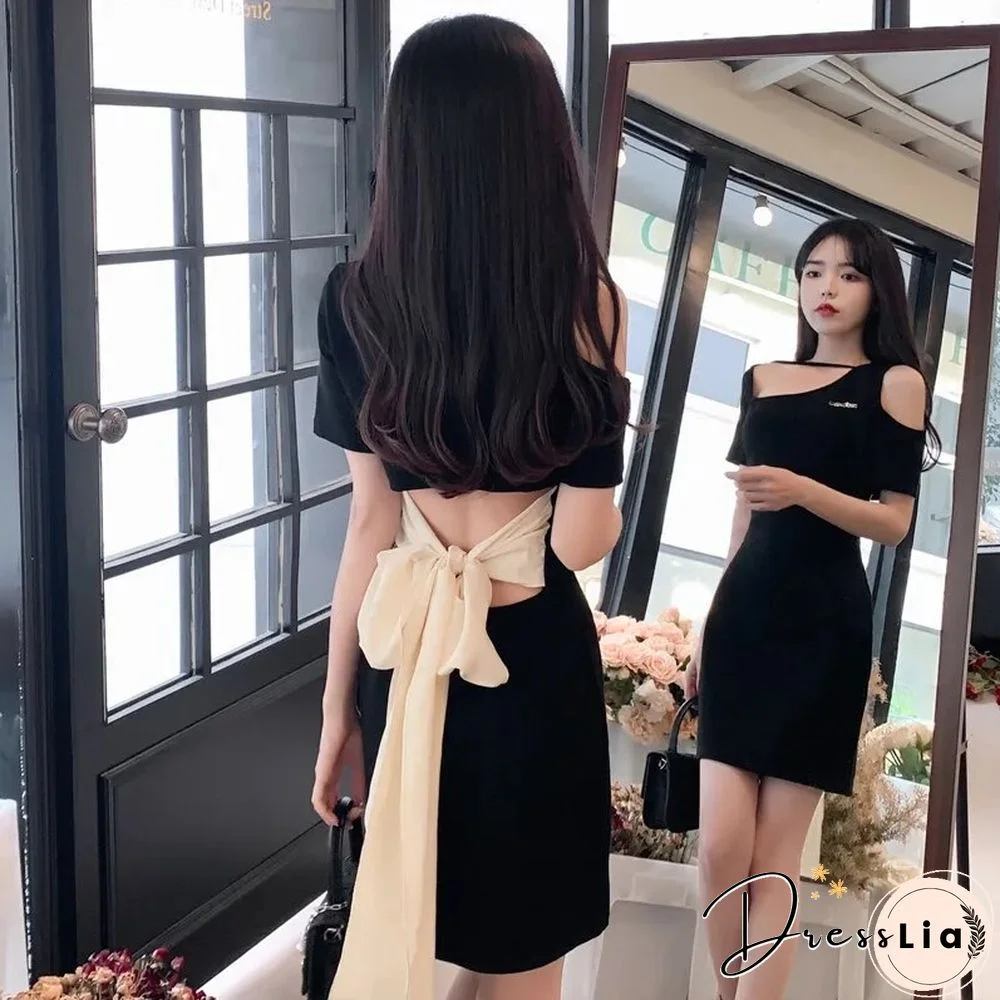 Sexy Backless Bow Vestidos Women Summer Slim Off Shoulder Dress Fashion Hollow Out High Waist Elegant Korean Mini Dress