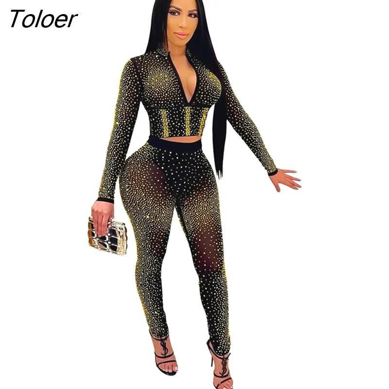 Toloer Mesh See Through 2 Piece Set Sexy Club Party Diamonds Women Set Outfits V Neck Long Sleeve Crop Top Tight Pants Set
