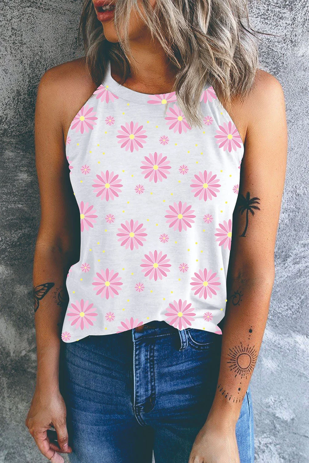 Pink Gerbera Graphic Print Round Neck Tank Top