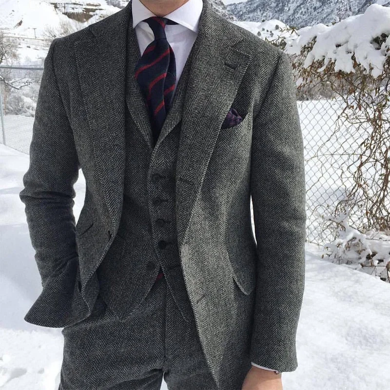 Inongge Gray Wool Tweed Winter Men Suit's For Wedding Formal Groom Tuxedo Herringbone Male Fashion 3 Piece (Jacket +Vest +Pants+Tie)