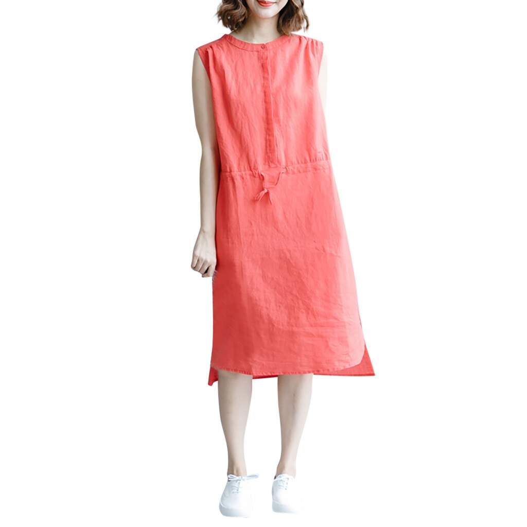 Women Cotton Linen Solid Color Collar Sleeveless Casual Plus Size Dress