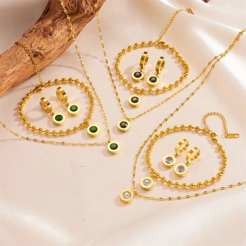 Elegant Classic Style Roman Numeral Titanium Steel Rhinestones 18K Gold Plated Inlay Jewelry Set