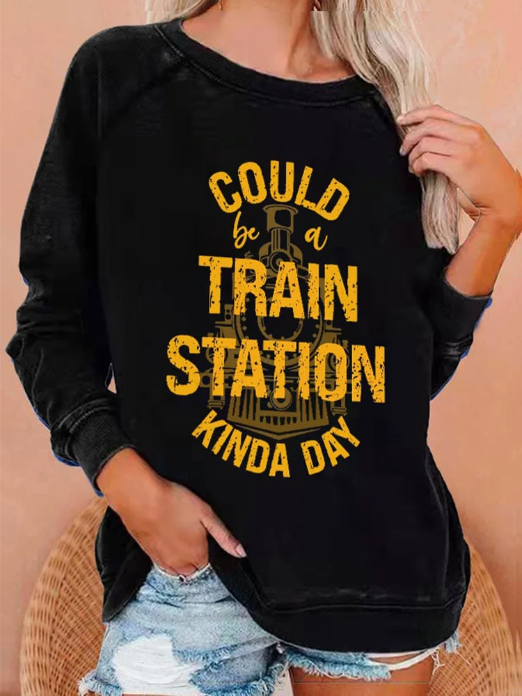 Western Train Print Long Sleeve Casual Sweatshirt