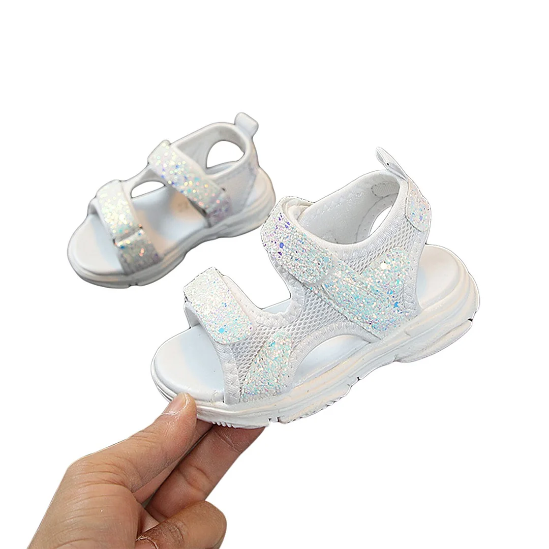 Summer Breathable Little Girls Sandals, Toddlers Sweet Style Sequins Mesh Decoration Soft Sole Non-slip Beach Shoes 9M-3T